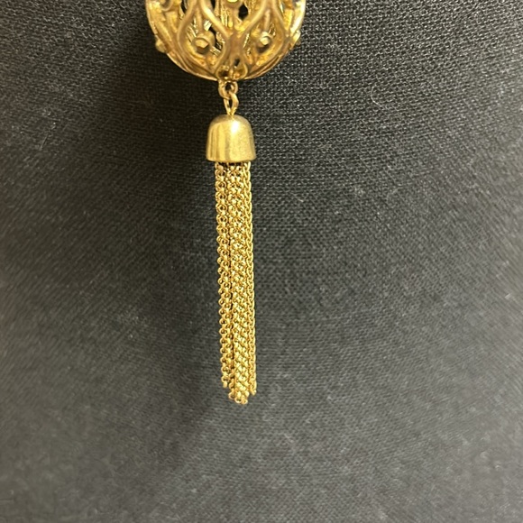 Lucky gold necklace with ball with crystals and tassel, 32” - Picture 6 of 7